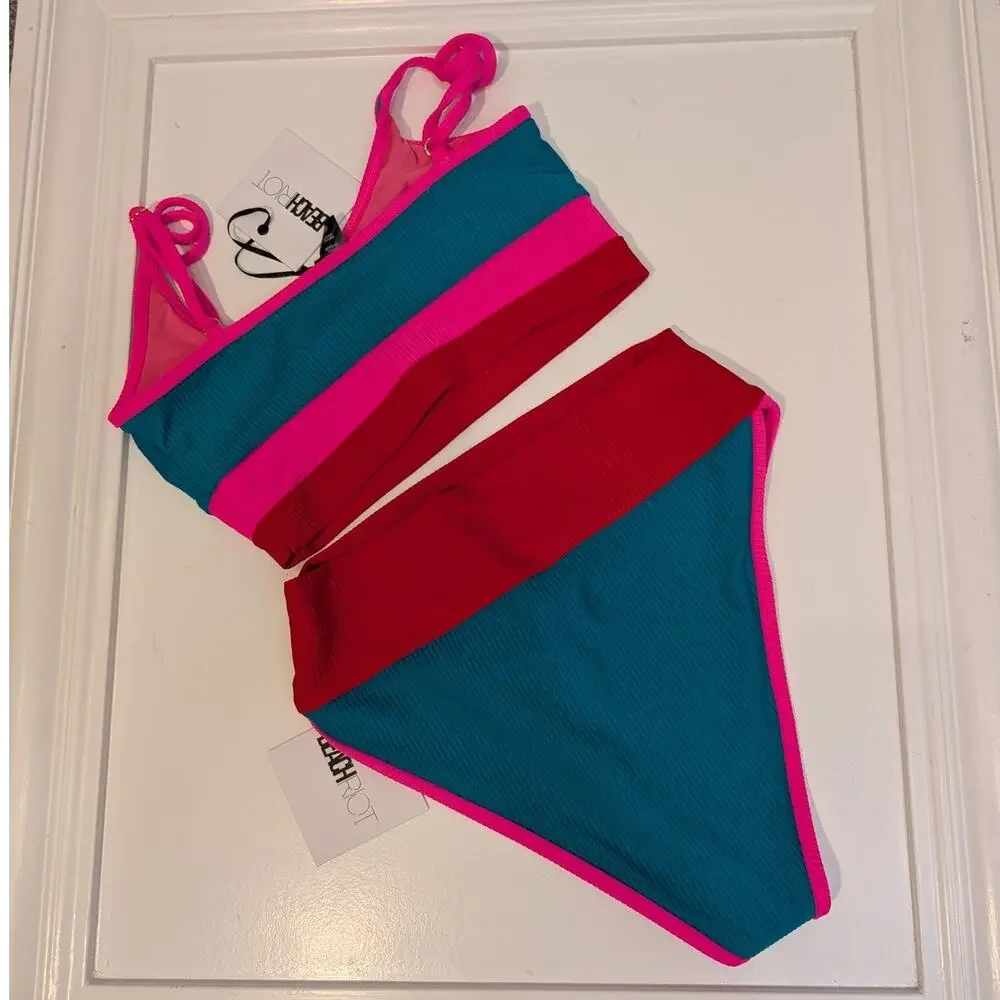 Beach Riot Blue Pink Red Two-Piece One-Piece Style Swim Set - Picture 2 of 11